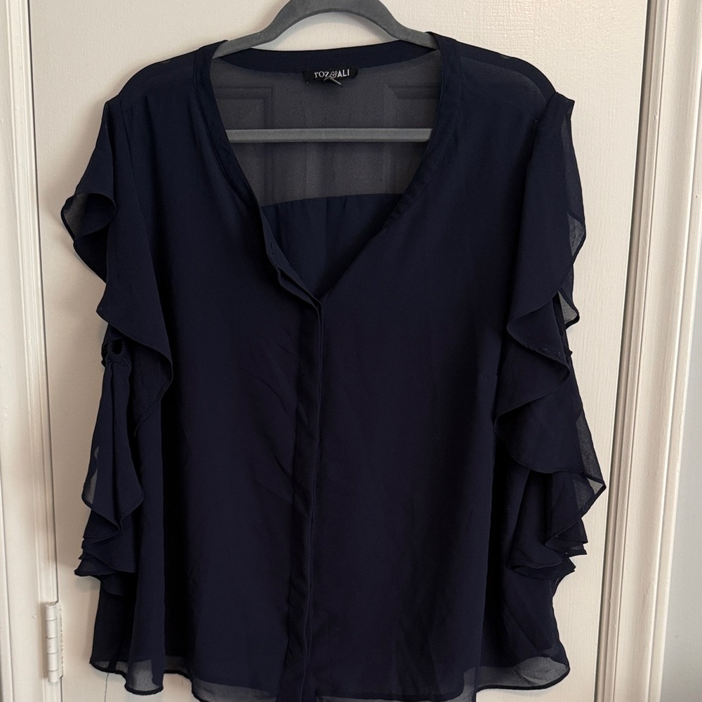 Roz & Ali Navy Ruffle Sleeve V-Neck Blouse